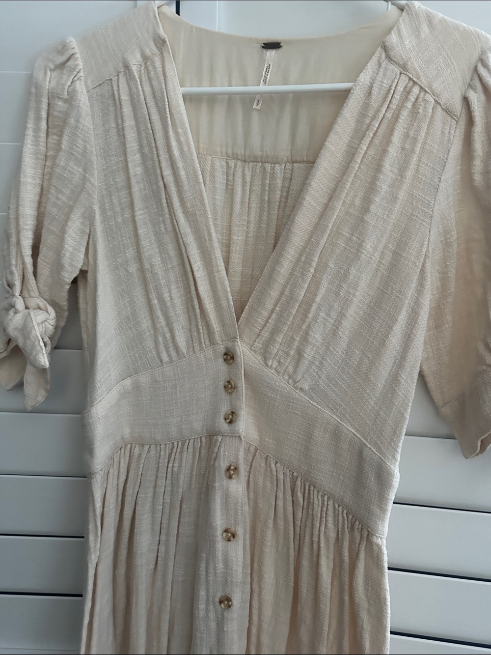Free People Cream Button-Front Maxi Dress with Tie Sleeves
